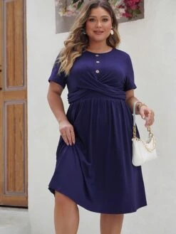 [Plus Size] Deep Blue 1950s Solid Front Cross Dress -Women's Fashion Sales 03 040c2f0d 4158 43a2 bb8e f05aa53a6f16