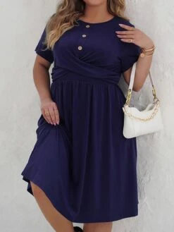 [Plus Size] Deep Blue 1950s Solid Front Cross Dress -Women's Fashion Sales 04 04714b53 9a16 4258 8e89 f8dbed7aed30