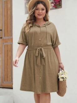 [Plus Size] Khaki 1950s Solid Hooded Belt Dress -Women's Fashion Sales 05