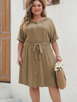 [Plus Size] Khaki 1950s Solid Hooded Belt Dress -Women's Fashion Sales 06