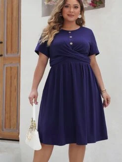 [Plus Size] Deep Blue 1950s Solid Front Cross Dress -Women's Fashion Sales 06 dcab12c2 15d6 4f8e 947c d0b3f1de6fc0