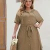 [Plus Size] Khaki 1950s Solid Hooded Belt Dress -Women's Fashion Sales 08