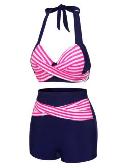 Pink & Blue 1950s Striped Halter Swimsuit -Women's Fashion Sales 1J2A9917 2