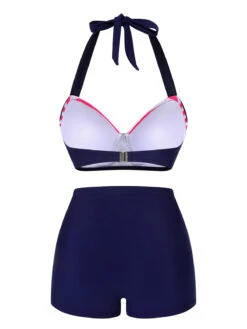 Pink & Blue 1950s Striped Halter Swimsuit -Women's Fashion Sales 1J2A9917 3