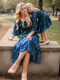 Blue 1950s Christmas Starry Sky Cake Lantern Parent-Child Dress -Women's Fashion Sales 4687651 1 2 4k