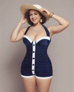 [Plus Size] Navy Blue 1950s Pleated Halter Swimsuit -Women's Fashion Sales 4 66530480 3889 4c1d a6c7 88b198a32558
