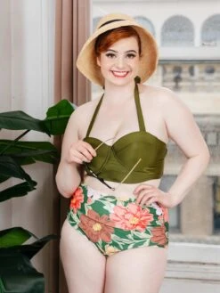 Olive Lace-Up Halter Flowers Bikini Set