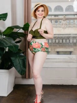 Olive Lace-Up Halter Flowers Bikini Set -Women's Fashion Sales 83 compressed