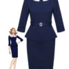 2PCS Blue 1960s Belt Top & Back Split Pencil Skirt -Women's Fashion Sales CBH180814 01