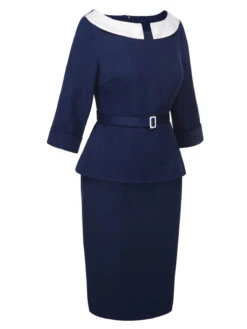 2PCS Blue 1960s Belt Top & Back Split Pencil Skirt -Women's Fashion Sales CBH180814 2