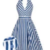 [Pre-Sale] 2PCS Blue 1940s Stripe Halter Romper & Skirt -Women's Fashion Sales CBH180881 1