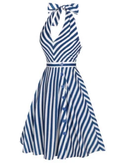 [Pre-Sale] 2PCS Blue 1940s Stripe Halter Romper & Skirt -Women's Fashion Sales CBH180881 3