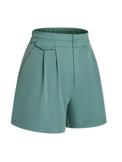 Mint Green 1950s Solid Pleating Decorative Pocket Shorts -Women's Fashion Sales D69A4272