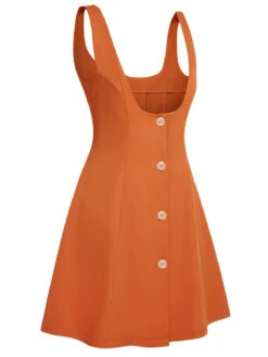 Orange 1960s Button A-Line Suspender Skirt -Women's Fashion Sales SCH000588 2