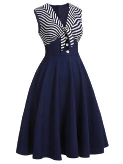 Navy Blue 1950s Striped Patchwork Dress -Women's Fashion Sales SCH000659 2