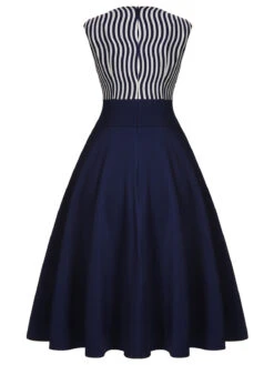 Navy Blue 1950s Striped Patchwork Dress -Women's Fashion Sales SCH000659 3