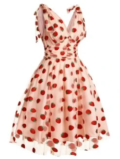 Pink 1950s Strawberry Mesh Swing Dress -Women's Fashion Sales SCH000702 3