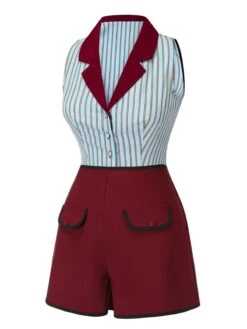 2PCS 1950s Blue Stripes Patchwork Blouse & Red Solid Shorts -Women's Fashion Sales SCH000796 SCH000798 2 compressed