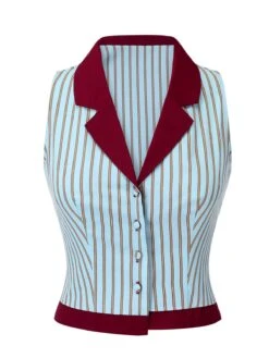 2PCS 1950s Blue Stripes Patchwork Blouse & Red Solid Shorts -Women's Fashion Sales SCH000796 CLB d7572c9d 6f88 45bb ac27 332b2c7ea78a