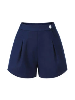 Navy Blue 1950s Solid Button Shorts -Women's Fashion Sales SCH000878 1