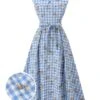 Blue 1940s Rose Plaid Lace Up Dress