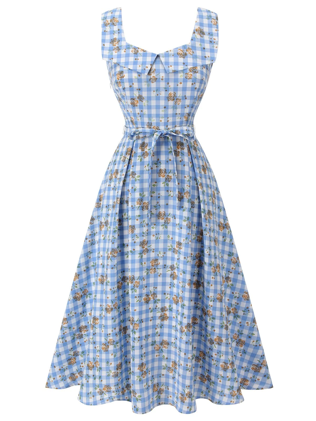 Blue 1940s Rose Plaid Lace Up Dress 4 Blue 1940s Rose Plaid Lace Up Dress - Image 2
