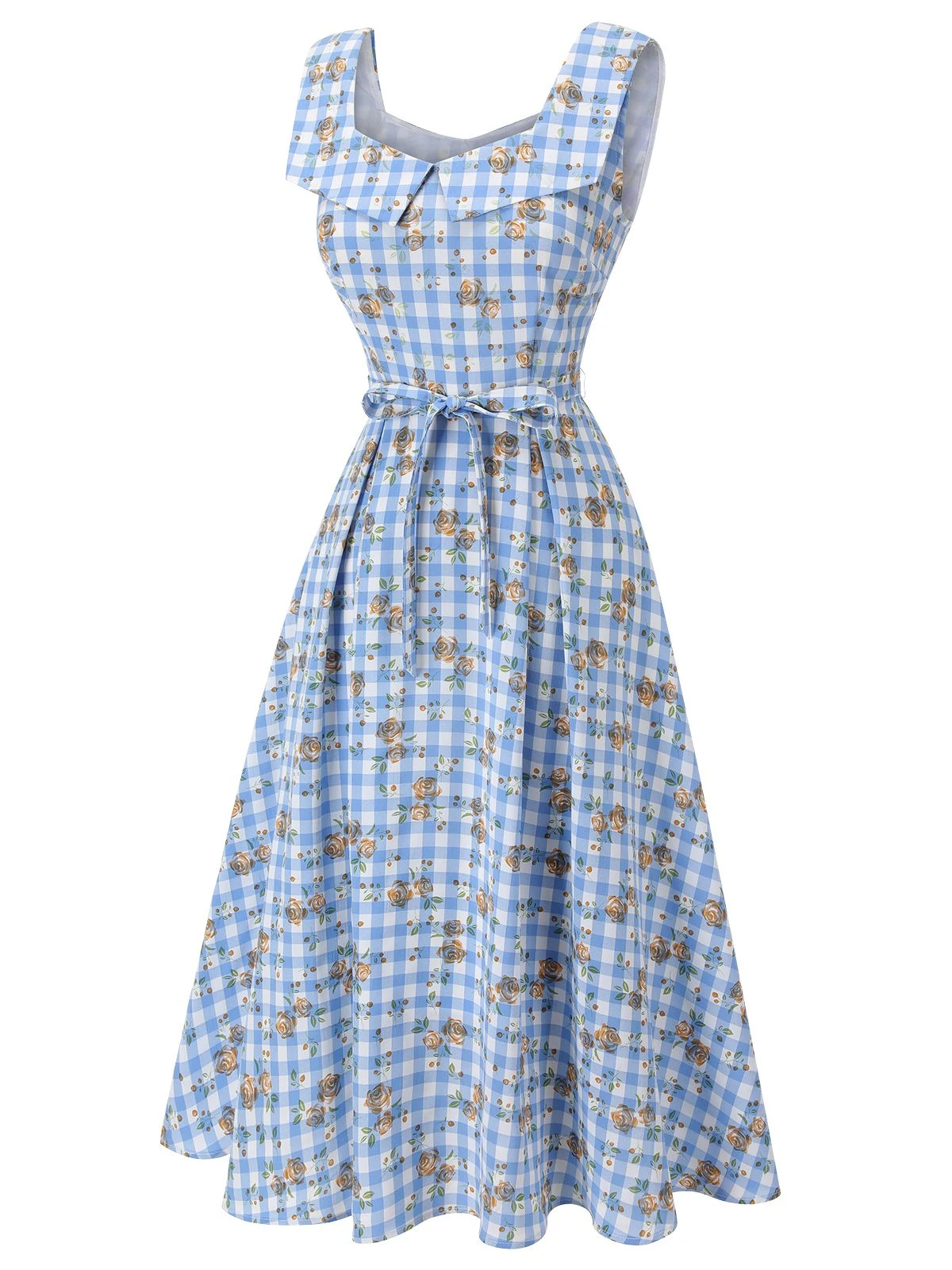 Blue 1940s Rose Plaid Lace Up Dress 5 Blue 1940s Rose Plaid Lace Up Dress - Image 3