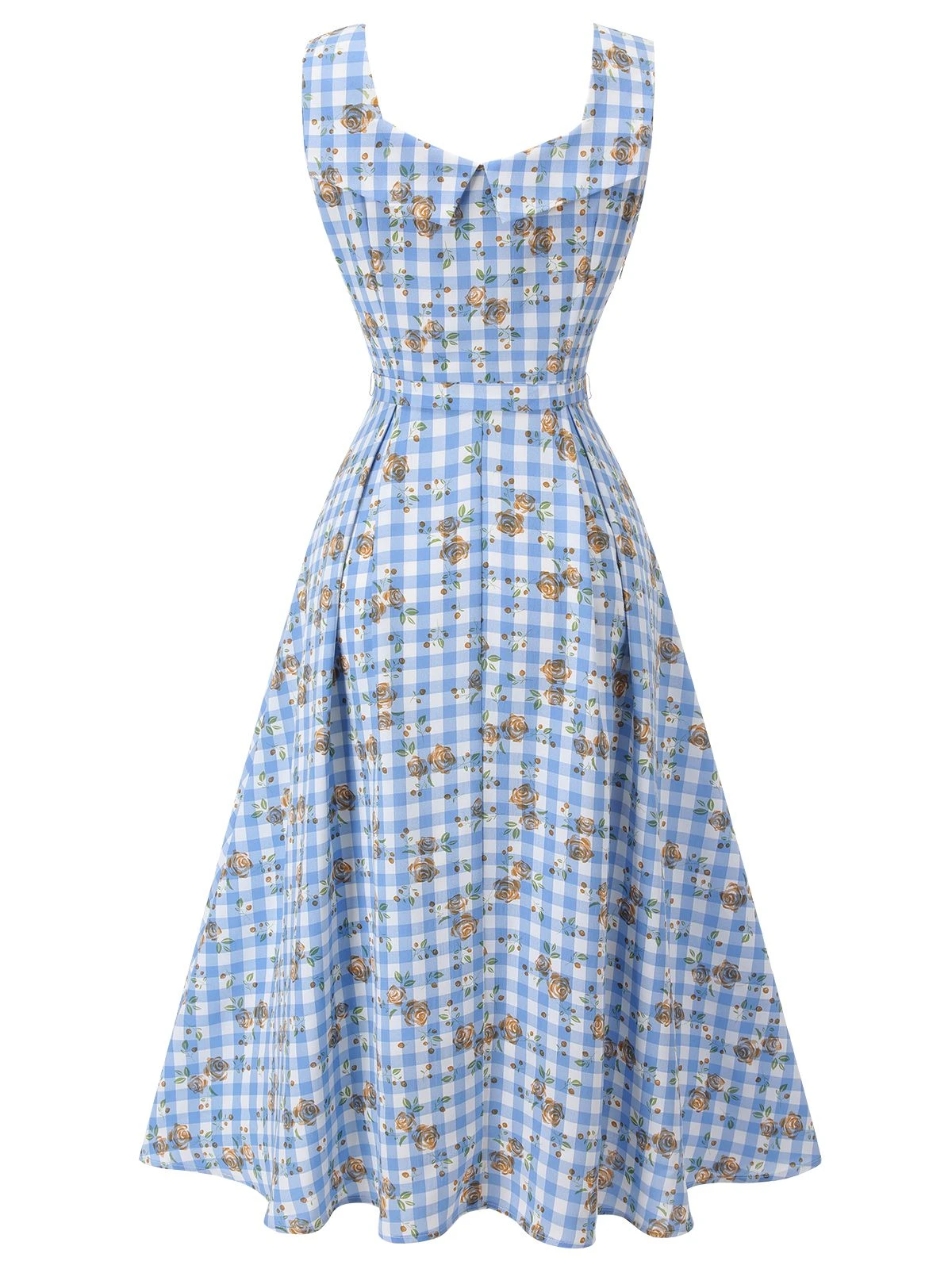 Blue 1940s Rose Plaid Lace Up Dress 6 Blue 1940s Rose Plaid Lace Up Dress - Image 4