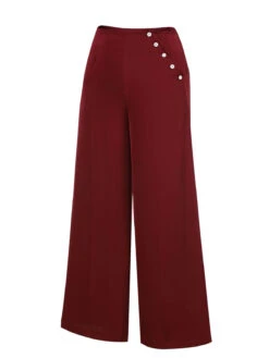 Red 1950s Burgundy Button Wide Leg Pants -Women's Fashion Sales SCH001019 2