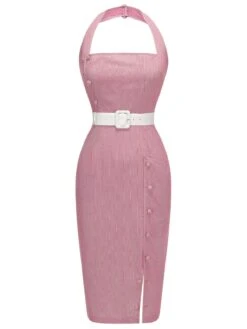 Pink 1960s Halter Stripes Belted Bodycon Dress -Women's Fashion Sales SCH001111 1 compressed