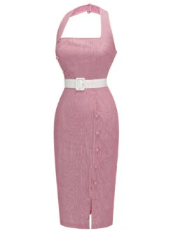 Pink 1960s Halter Stripes Belted Bodycon Dress -Women's Fashion Sales SCH001111 2 compressed
