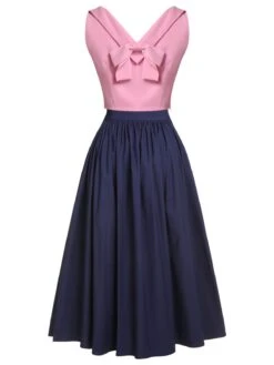 3PCS Pink 1960s Bow Blouse & Spaghetti Dress & Umbrella Skirt -Women's Fashion Sales SCH001205 3