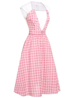 2PCS 1950s Pink Plaid Skirt & Romper With Belt -Women's Fashion Sales SCHL000021 SCHL000092 2