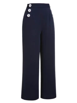 Dark Blue 1950s Solid Button Straight Pants -Women's Fashion Sales SCHL000022 2