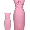 2PCS Pink 1960s Lapel Bowknot Blouse & Solid Spaghetti Strap Dress