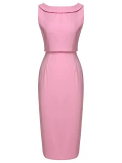 2PCS Pink 1960s Lapel Bowknot Blouse & Solid Spaghetti Strap Dress -Women's Fashion Sales SCHL000172 1