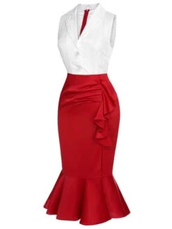 Red & White 1930s Sleeveless Slit Fishtail Dress -Women's Fashion Sales SCHL000566 2 compressed