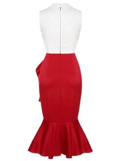 Red & White 1930s Sleeveless Slit Fishtail Dress -Women's Fashion Sales SCHL000566 3 compressed