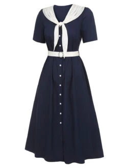 Dark Blue & White 1940s Sailor Collar Dress -Women's Fashion Sales SCHL000613 2
