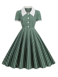 1950s Lapel Vertical Stripes Swing Dress -Women's Fashion Sales SCHL000676 G
