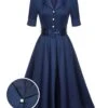 Blue 1940s Solid Short Sleeves Lapel Dress -Women's Fashion Sales SCHL000804 01 compressed