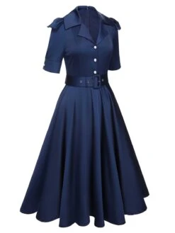 Blue 1940s Solid Short Sleeves Lapel Dress -Women's Fashion Sales SCHL000804 2 compressed