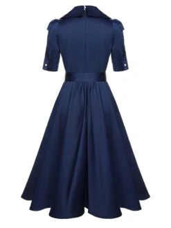 Blue 1940s Solid Short Sleeves Lapel Dress -Women's Fashion Sales SCHL000804 3 compressed