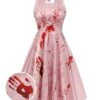 Pink 1950s Halloween Bloodstain Halter Dress 2 Pink 1950s Halloween Bloodstain Halter Dress -Women's Fashion Sales SCHL000825 01 compressed