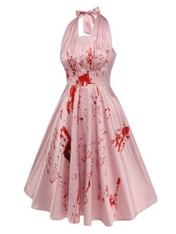 Pink 1950s Halloween Bloodstain Halter Dress -Women's Fashion Sales SCHL000825 2 compressed