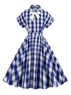 1950s Plaid Bow Lapel Swing Dress 17 1950s Plaid Bow Lapel Swing Dress -Women's Fashion Sales SCHL001476 NB 1