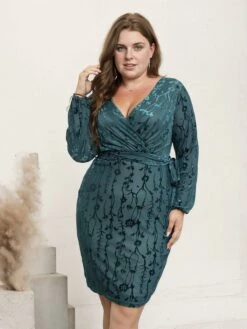 [Plus Size] Green 1960s Floral Jacquard Pencil Dress -Women's Fashion Sales SCHL001556 4