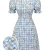 Blue 1960s Puff Sleeve Floral Plaid Dress -Women's Fashion Sales SCHL001562