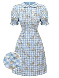 Blue 1960s Puff Sleeve Floral Plaid Dress