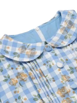 Blue 1960s Puff Sleeve Floral Plaid Dress -Women's Fashion Sales SCHL001562 2